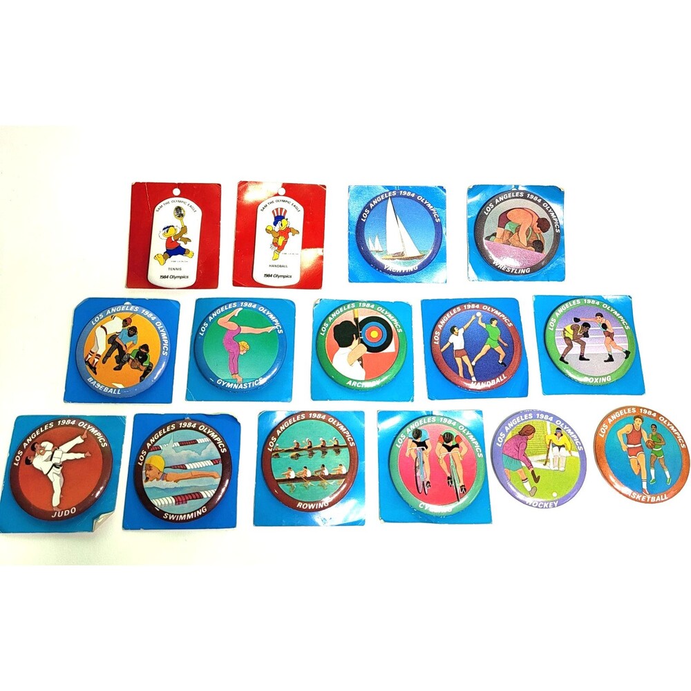 Lot of 15 Vintage 1984 Los Angeles Olympics Buttons Pin Pinback Sam Eagle